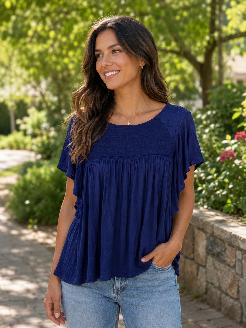 Women’s Navy Short-Sleeve Smocked Yoke Flutter Top